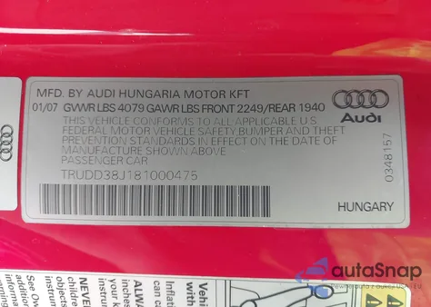 2008 Audi Tt 3.2 из США, поврежденный, VIN TRUDD38J181000475